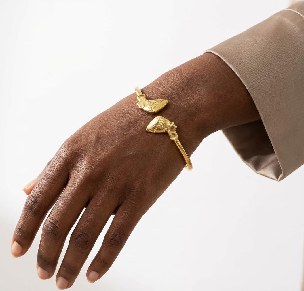 Fashion 21 Brass Adjustable Bangle Bracelet, 2mm Thin Open Cuff, Egyptian Symbol Design Ankh Nefertiti Anubis Pyramid Ma’at Eye of Horus Fist