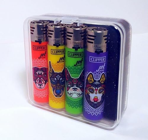 Clipper Mecheros Muerta Dogs Jet - Juego de 4 encendedores de alta calidad - Incluye vitrina  soporte protector - Resistente al viento, recargable,