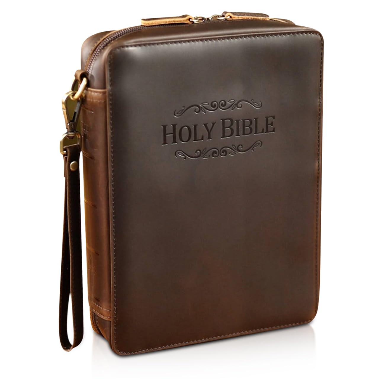 Polare Full Grain Leather Embossed Holy Bible Cover Church Bag 10.25x7.75x2.25 inch Bible Carrying Book Case Protective Organizer Holder, Christian