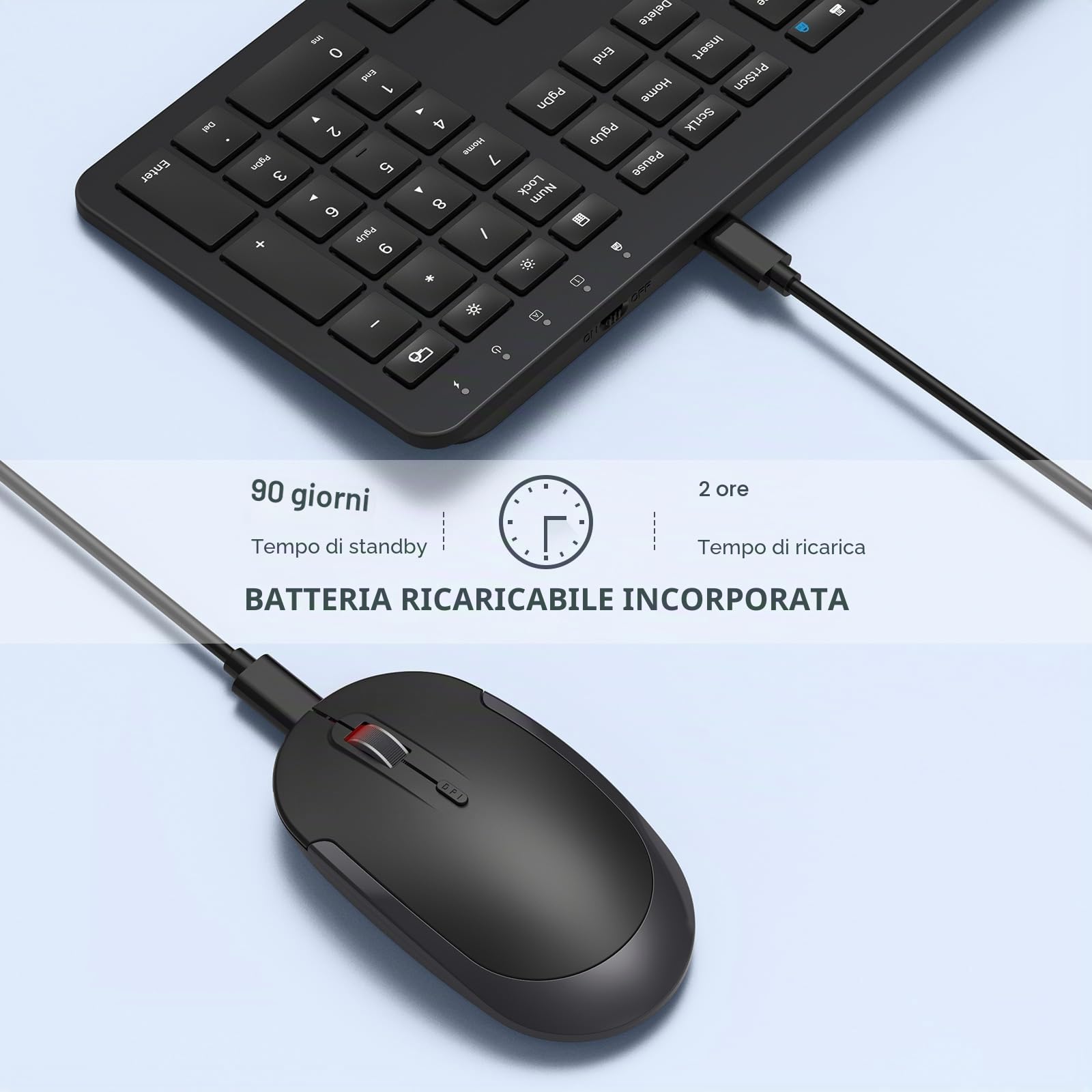 seenda Tastiera e mouse wireless ricaricabile, SK38-3, ultra sottile, silenziosa, USB per computer portatili Windows, PC, layout QWERTY UK, nero