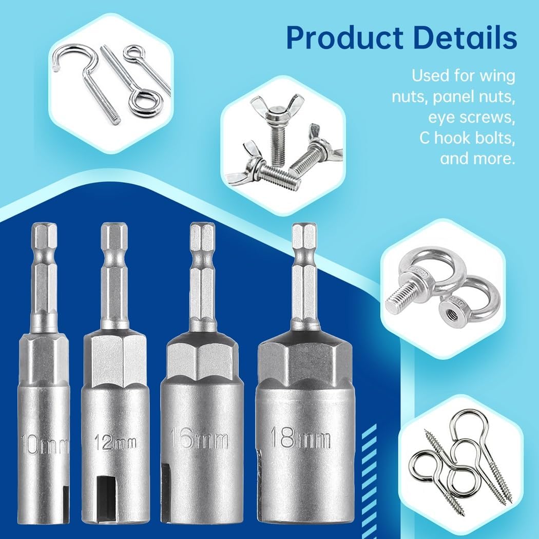 4-Piece 1/4In Hex Shank Wing Nut Driver Set, 10Mm, 12Mm, 16Mm, 18Mm Sizes, for Eye Screws, Panel Nuts, and Bolts