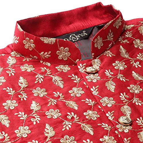 Image of SOJANYA (Since 1958 Men's Cotton Linen Maroon Kurta and White Pyjama with Mustard Cotton Nehru Jacket