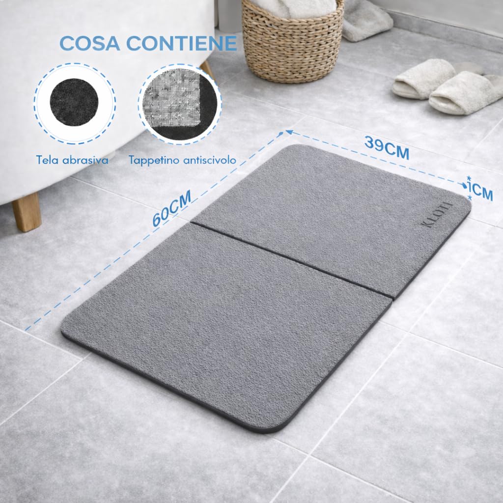 KLOTI Tappeto bagno in diatomite, tappeto bagno antiscivolo, tappetino doccia assorbente, tappeto antiscivolo vasca, asciugatura rapida, anti muffa, 60x39 cm, grigio