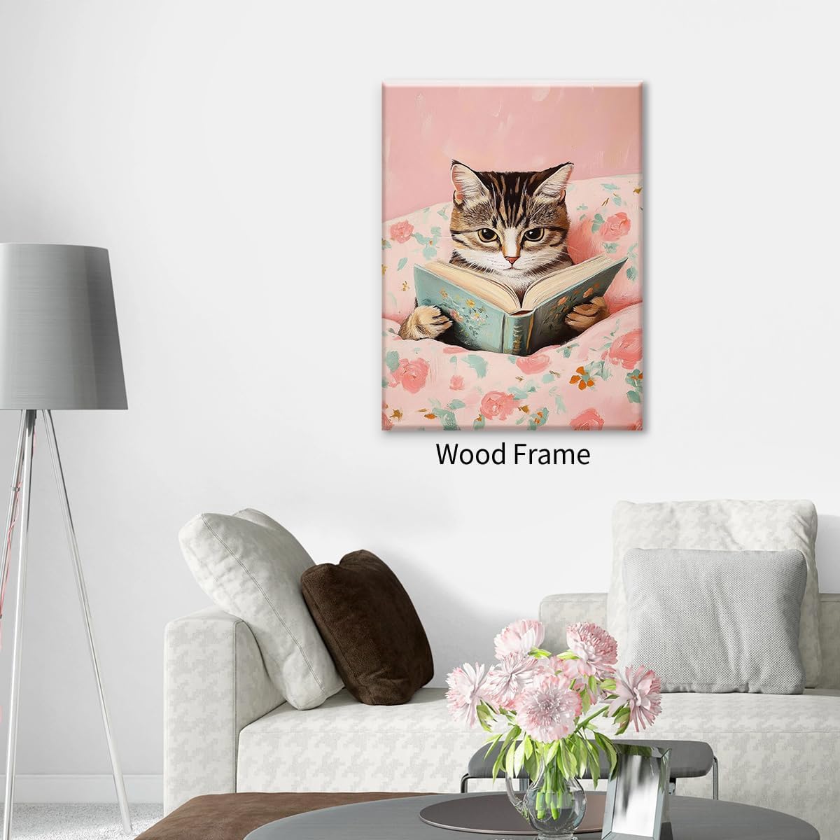 Funny Tabby Cat Reading Books Canvas Wall Art Pink Girly Room Posters Cute Animal Kids Prints Vintage Cat Lovers Wall Decor For Teen Bedroom Dorm Living Study Room 12X16in Framed