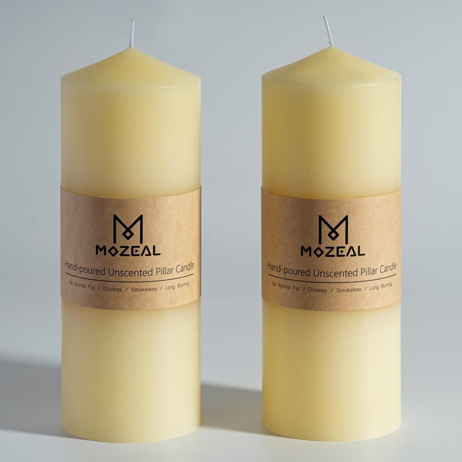 MOZEAL 3" x 8" Hand-Poured Unscented Candles,Large Ivory Pillar Candles Set of 2,No Drip,Approx 120 Hours Long Burning,Wedding,Dinner,Christmas and Home Decor（3 Inch Diameter 8 Inch Height）
