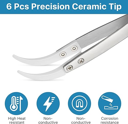 Miniatura 3 de Aemygo Juego de 6 pinzas de cerámica inversa de precisión, no conductoras resistentes al calor, pinzas de soldadura electrónicas antimagnéticas,