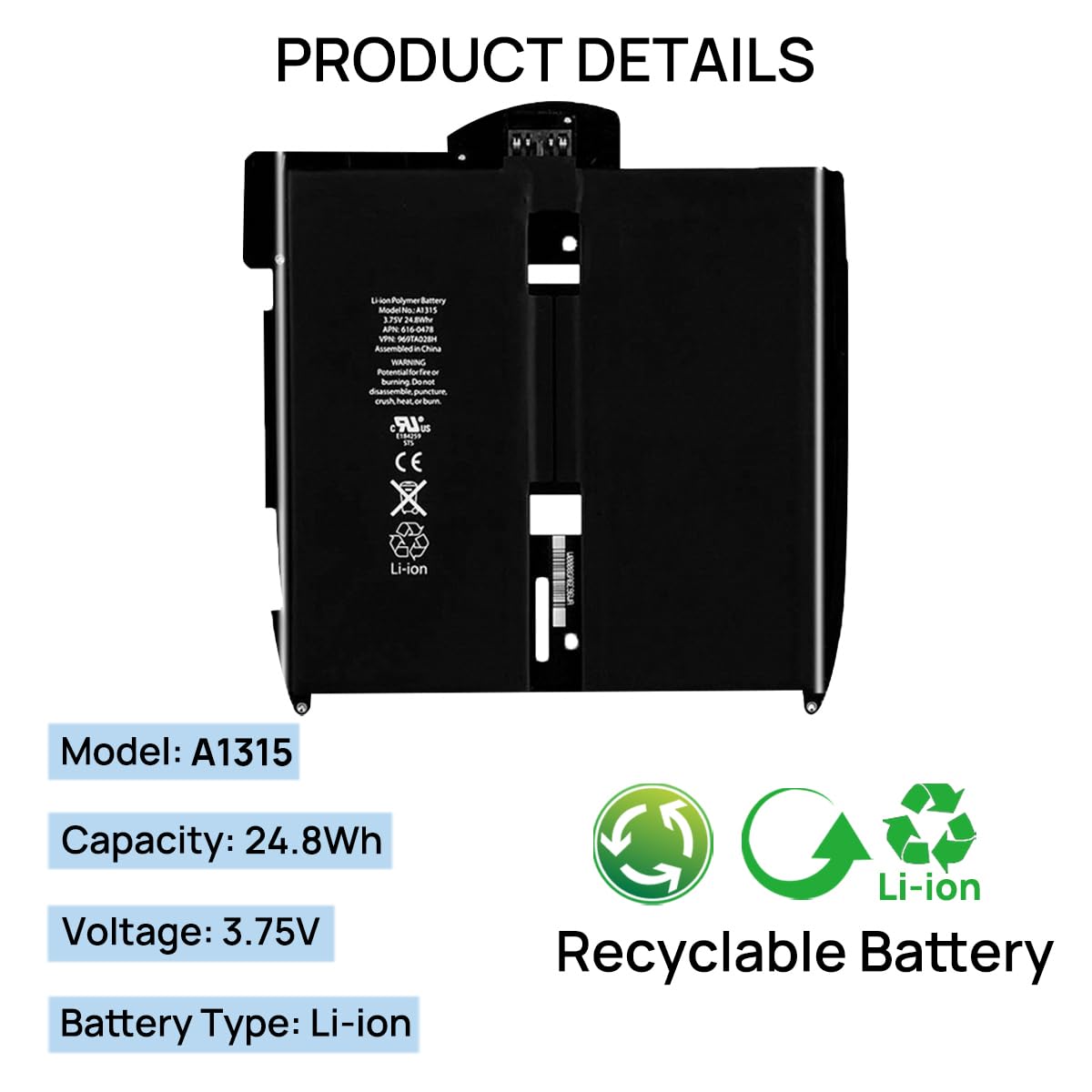 A1315 Batteria compatibile con iPad 1 1st Gen A1219 A1337 741-0025-A 616-0448 3.75V 24.8WHr con kit di strumenti