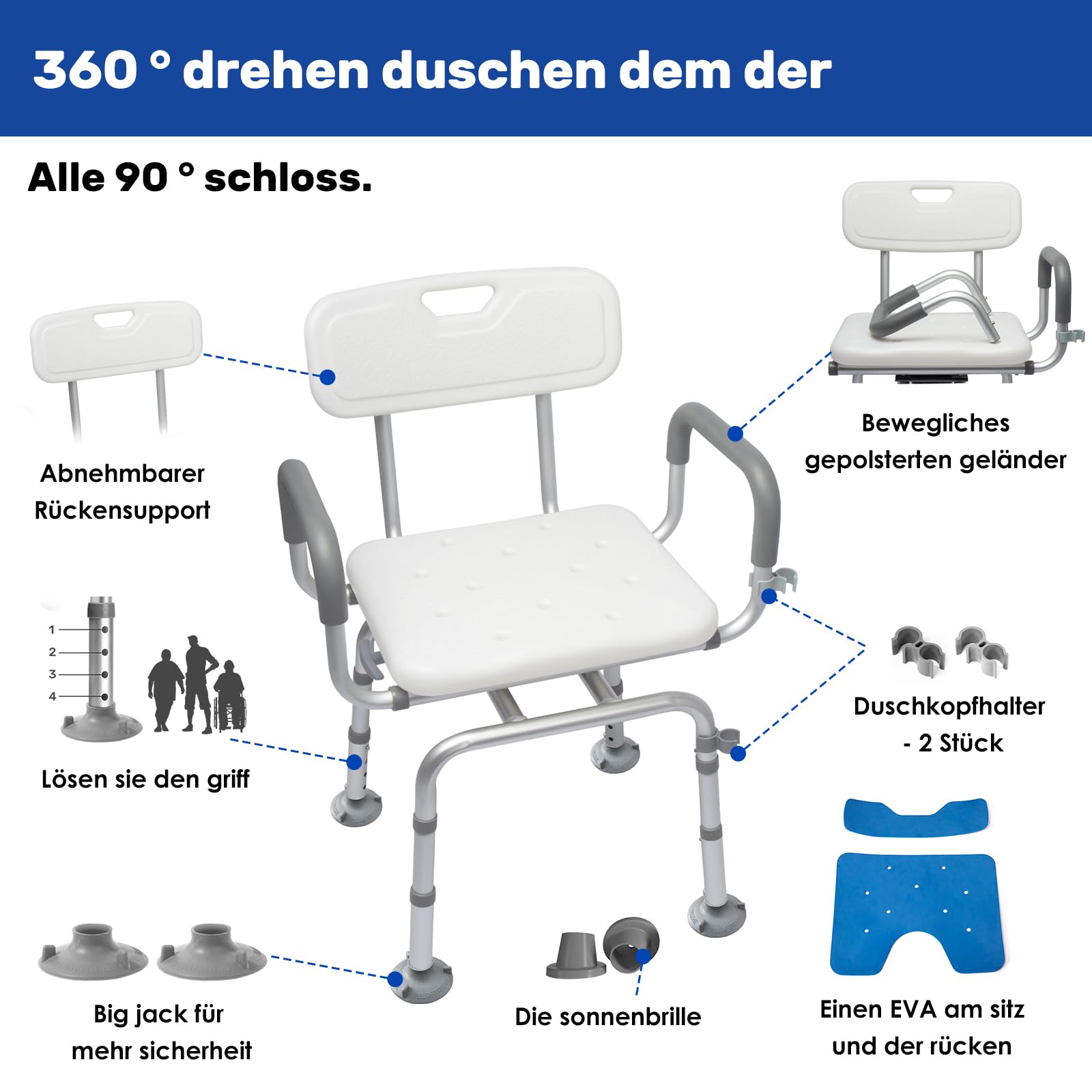 Silla de ducha giratoria de 360 ° con respaldo y reposabrazos, giratoria, resistente al frío, soporta hasta 154 kg, montaje sin herramientas, ideal para la ducha interior