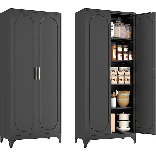 Pantry Cabinet, 75 Inch Tall Kitchen Storage Cabinet, Metal Pantry Cabinets with Doors and Adjustable Shelves, Black Freestanding Food Cupboard for Living, Dinning Room-Assembly Required