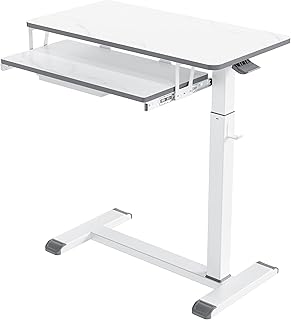 ETHU Overbed Table with Wheels, Medical Table with Drawer, Hospital Bed Table, Workstation Desk, Adjustable Overbed Bedside Rolling Laptop Desk, White