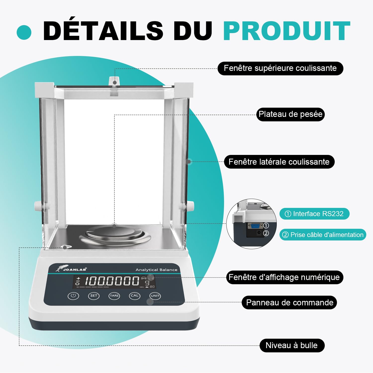 JOANLAB Balance Analytique 120g x 0.1mg, Balance de Laboratoire Professionnelle avec Calibration Externe, 0.0001g de Précision pour Laboratoire, Bijouterie