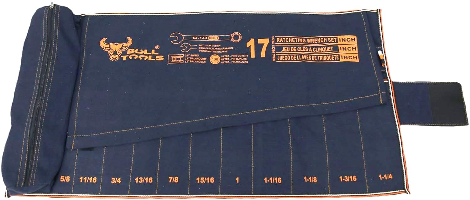 BULL TOOLS Wrench Set Tool Organizer W 17+1 Pockets for Tool Set, SAE Ratcheting Recycled Cotton Canvas Roll-Up Wrench Organizer Pouch for Mechanics,