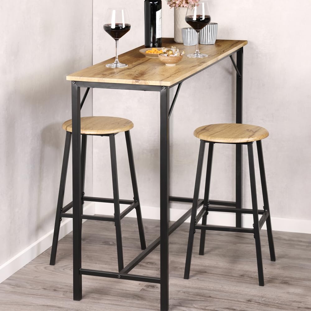 Kesper | Küchenbar 3-teilig | Tisch & 2 Hocker | Metallgestell | FSC®-Faserplatte Eiche-Optik | Platzsparend & stabil | Tisch 110×40×88 cm | 1597813