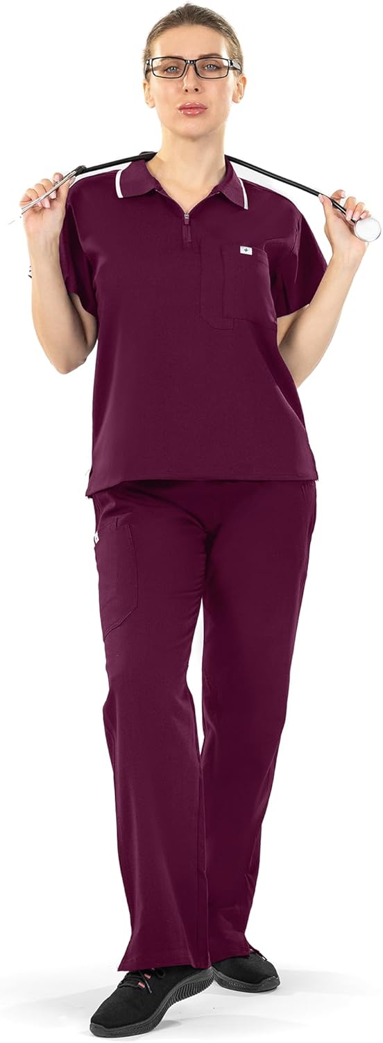 Meidiero Straight Fit Scrub Top for Women - Polo Stand Collar Half-Zip Placket, Straight Hem Side Slits - Image 4