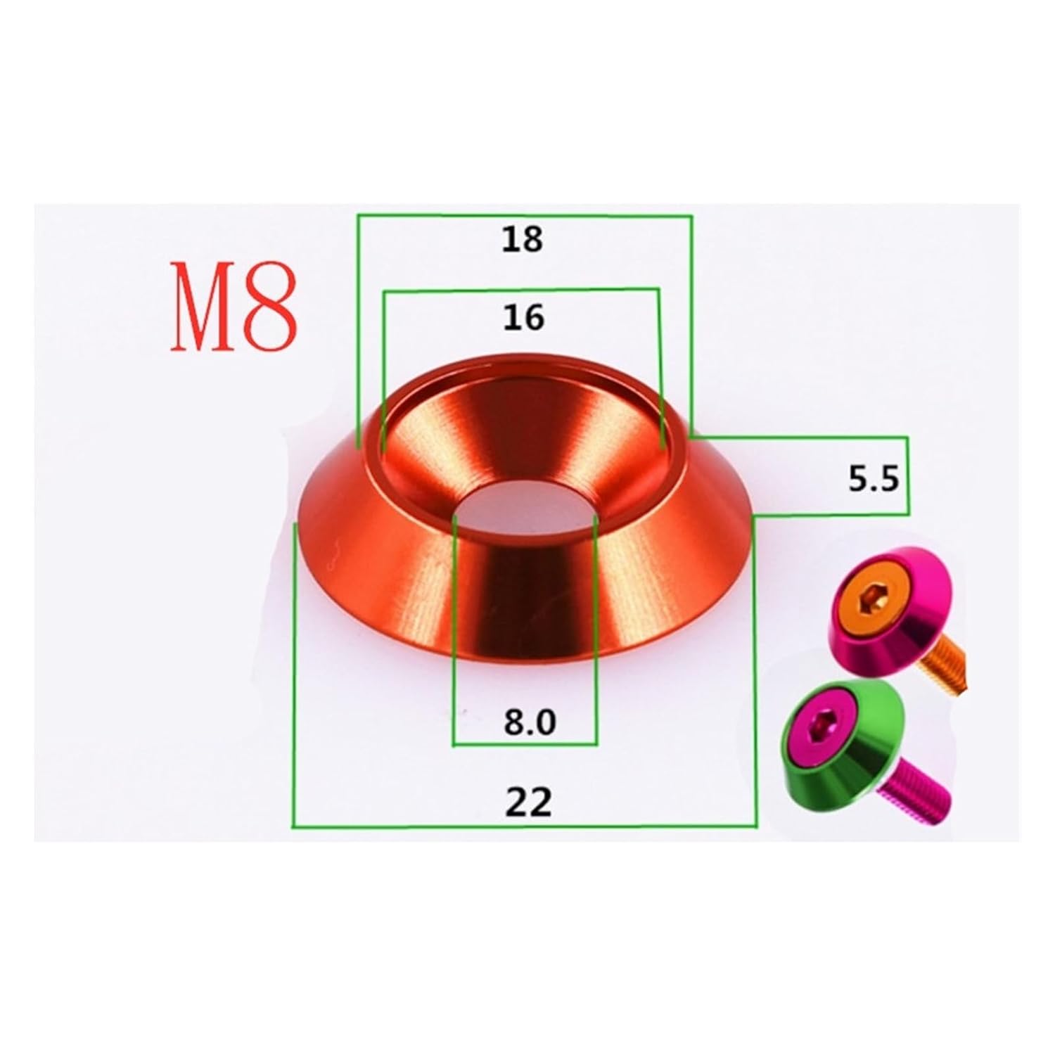 Flat Head Countersunk Washers,Aluminum Washers, Aluminum Countersunk Flat Head Washers Multicolor Multiple Sizes Pack of 5-10 pcs(Orange,M8 5pcs)