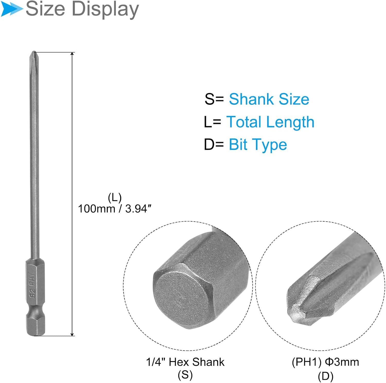 Phillips Cross Screwdriver Bits, PH1 100mm Long 1/4" Hex Shank, S2 Magnetic Phillips Drill Bit - (Applications: for Power Impact Driver), 3-Pieces