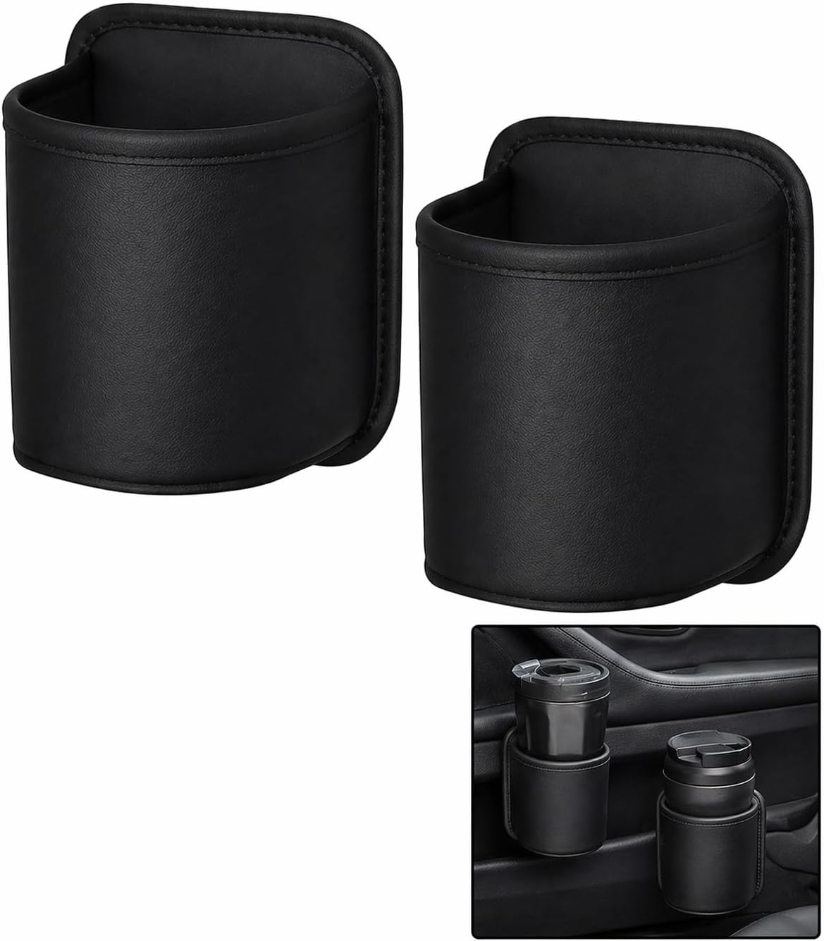 2 Pack Extra Cup Holder for Car, Clip-On Car Door Cup Holder Organizer, PU Leather Car Drink Holder for Small Bottle Coffee Cup Phone Keys Cards, Automotive Seat Pocket Storage, Black