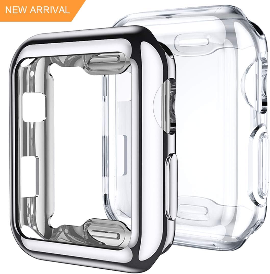 Mastten 2-Pack Case Compatible with Apple Watch Case Series 3 42mm, Full Protective TPU HD Ultra-Thin Cover Compatible with Apple Watch Screen Protector 42mm, Silver, Clear