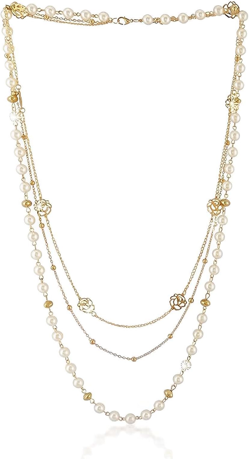 Women Pearl Necklace,Long Pearl Sweater Necklace,Artificial Pearl Necklace,3 Layered Necklace,No-Fading&Comfortable Wear for Women/Girls