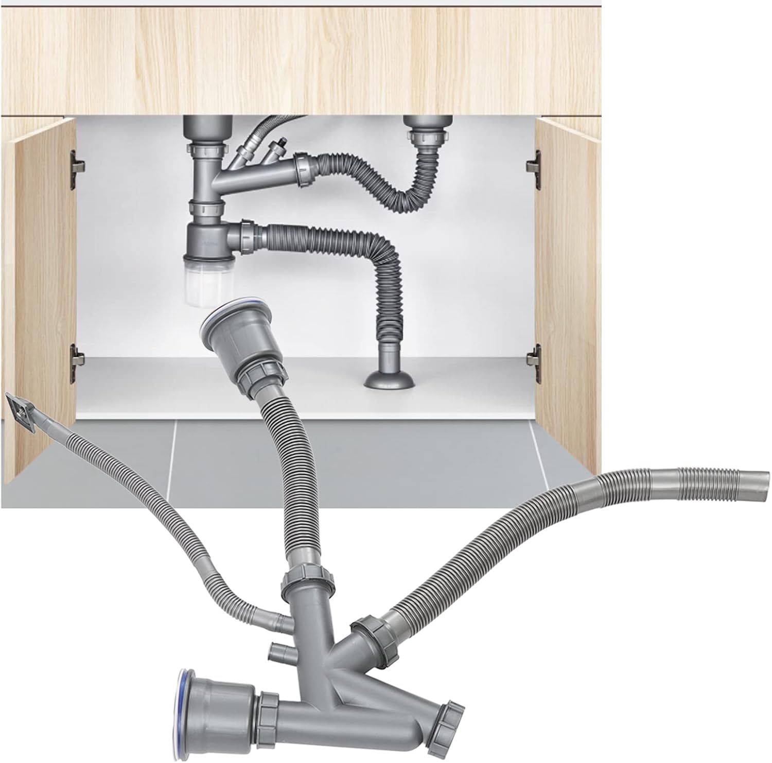 Sink Drain Assembly Kit for Double Bowl Basin, 2-in-1 Quick Connect Bathroom Kitchen Drain with Extensible Hose, Stainless Steel+PVC Fittings and Sealing Gaskets