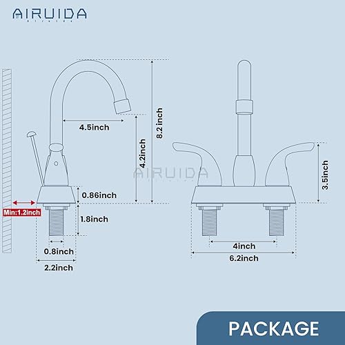 Miniatura 6 de Airuida Grifo de baño de níquel cepillado de 4 pulgadas, juego central de lavabo para caravana, grifo de lavabo de baño con varilla de elevación,