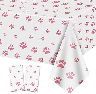 2 Pack Puppy Paw Print Tablecloths, 51x87'' Plastic Disposable Table Cover for Pet Themed Party Decorations for Cat Dog Birthday Party Supplies Lets Pawty Pet Shower Decor, Pink