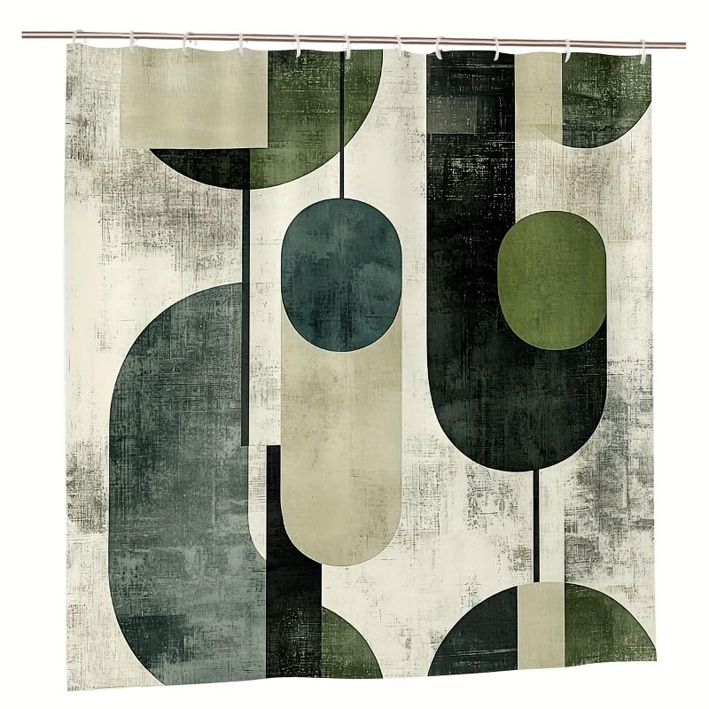 Rideau de douche moderne vert et gris 120x213 | Décoration géométrique mi-siècle