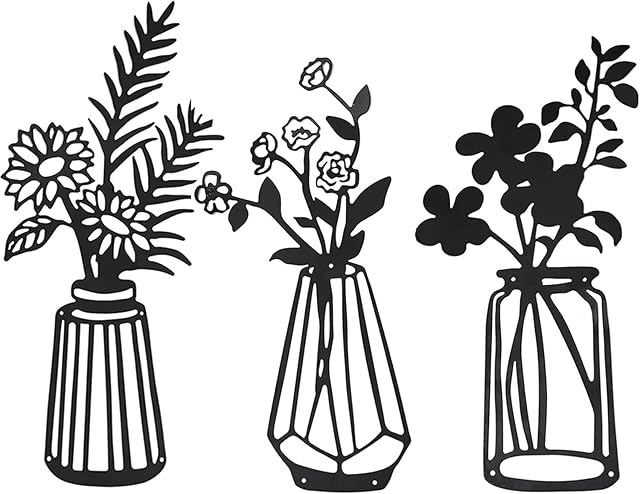3 Pieces Metal Flowers Wall Decor Black Metal Wall Art Metal Floral Wall Sculpture for Patio Balcony Living Room Bathroom Bedroom Dining Room Kitchen Decorations