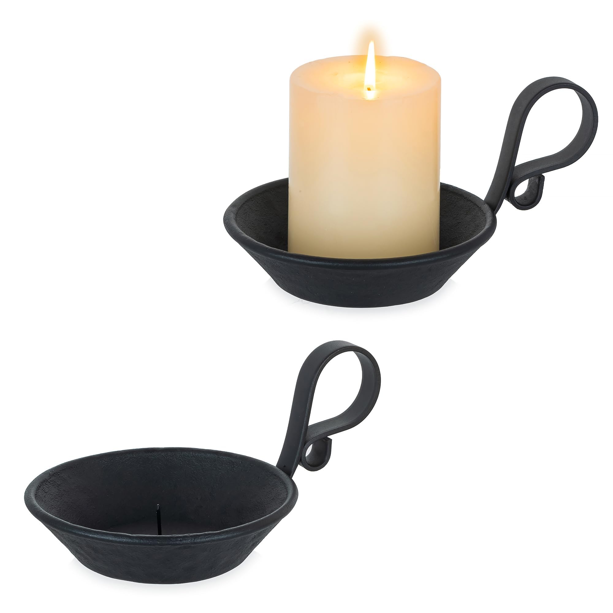 Inweder Iron Pillar Candle Holder: Matte Black Candle Plate with Handle and Safety Spike for Pillar/Ball Candles Vintage Decorative Stand for Christmas Halloween Table Home Set of 2