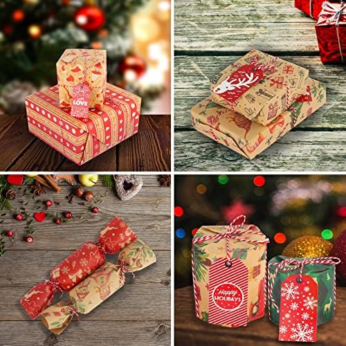 Christmas Wrapping Paper for Kids 10 Sheets, Recyclable Xmas Wrapping Paper & Tags Christmas Paper Kraft Christmas Gift Wrap Set, 14 Tags, 2 Rolls of Christmas String Twine, 70x50cm