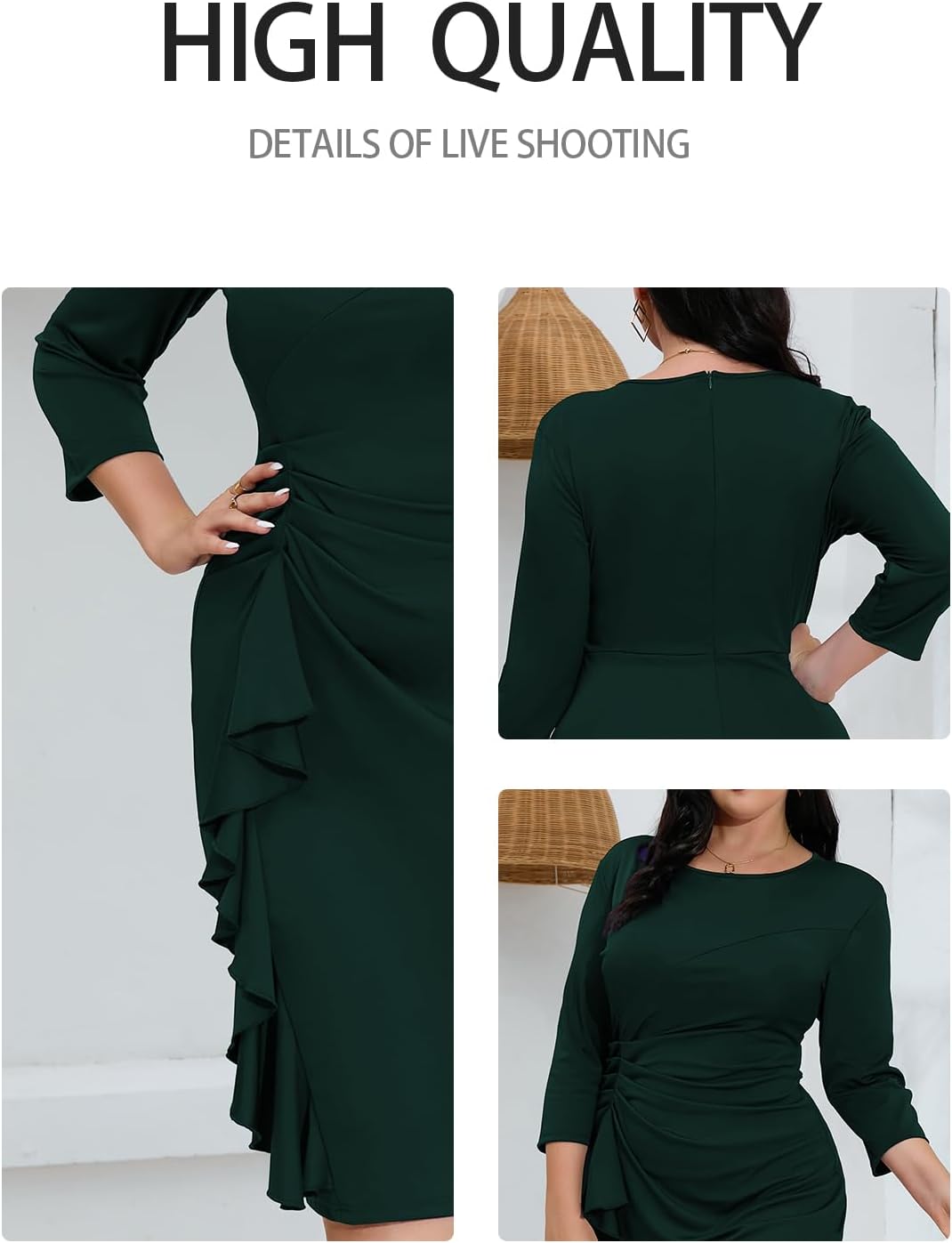 Plus Size Dresses for Curvy Women 3/4 Sleeve Bodycon Fit Ruffle Midi Pencil Dress - Image 5