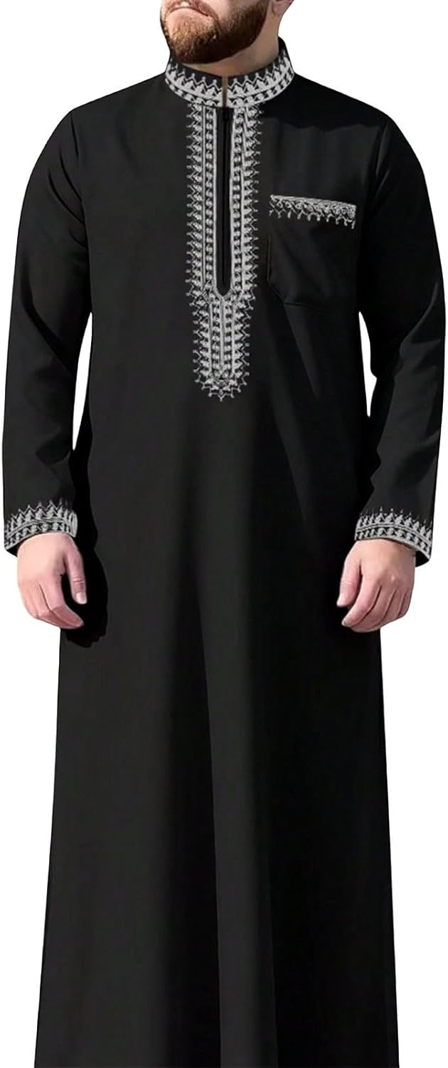 Mens Muslim Kaftan Thobe Embroidered Long Sleeve Stand Collar Gown Shirt Islamic Middle Eastern Dubai Arab Robes
