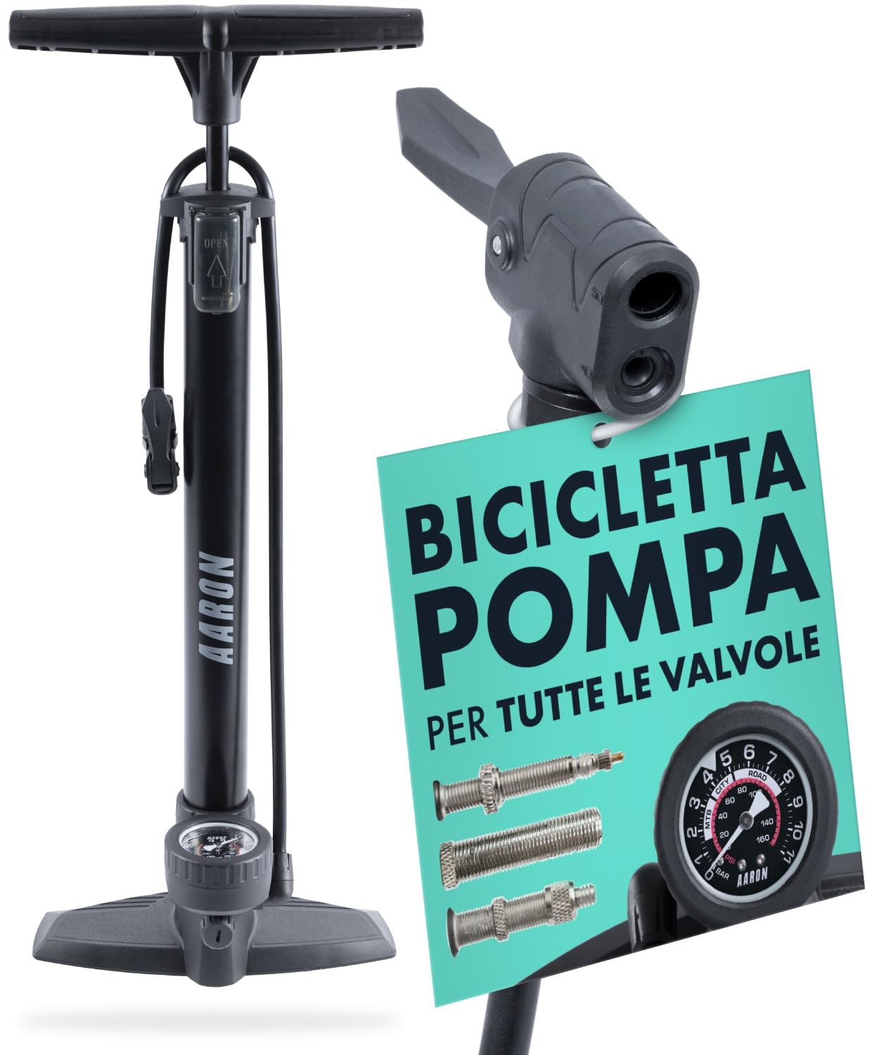 AARON Air Pompa da terra per bicicletta con manometro per tutte le valvole, pompa ad alta pressione per bicicletta da strada, pompa ad aria, pompa con attacco a sfera (grigio)