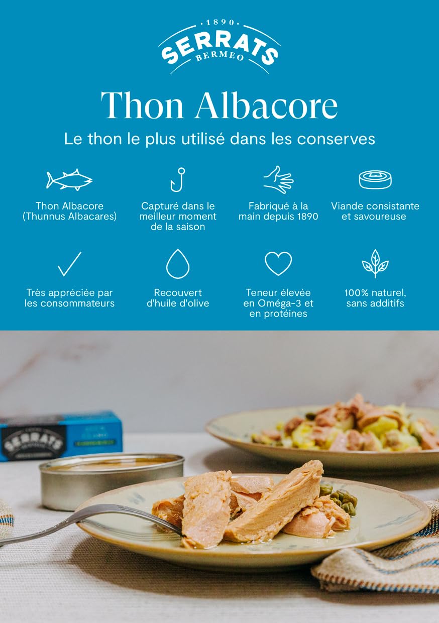 CONSERVAS SERRATS - Thon Albacore à l'Huile d'Olive Sélectionnée - 12 Boîtes x 112g (Total : 1344g) - Fabrication Artisanale depuis 1890 - Sans Gluten - Riche en Oméga 3 – Gourmet