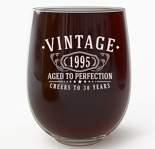 Copa de vino grabada vintage de 17 onzas sin tallo de 17 onzas  Regalos de feliz cumpleaños 30 para mujeres y hombres, saludos a 30 años, decoración