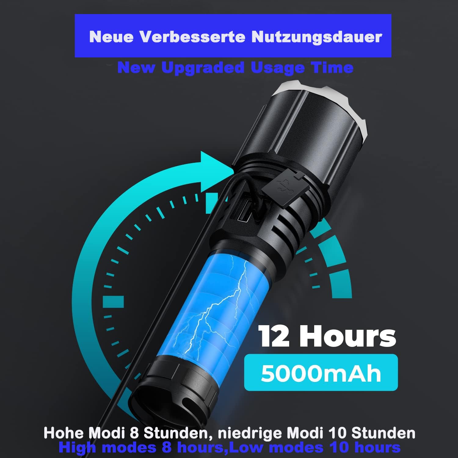Lampe Torche Tactique LED 12 000 000 Lumens - Rechargeable USB - Noire