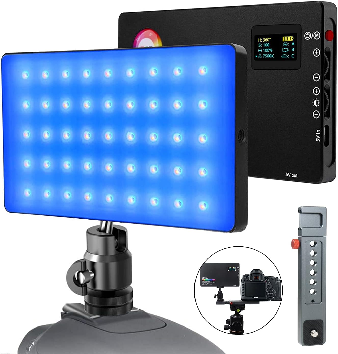 RGB Video Light 360° Full Color 9 Lighting Effect 3200-7500K Adjustable 1-100% Stepless Dimming for Camera Photography YouTube Studio Vlog, led Panel Light （Black Full Metal housing）