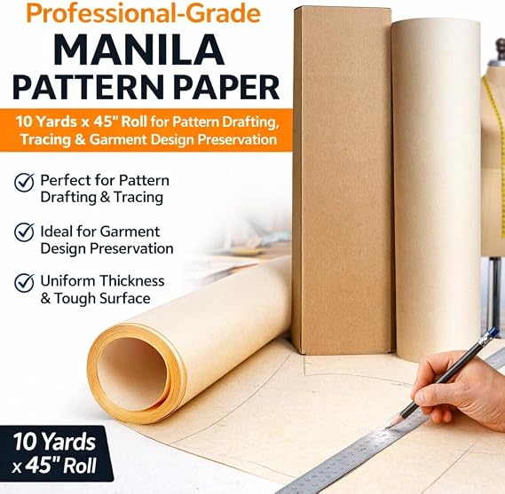 Manila Pattern Paper Roll 45 in x 10 yd, 125 wt Medium Weight, Professional Drafting and Tracing Paper for Sewing Templates, Garment Design, Tailoring, Costumes