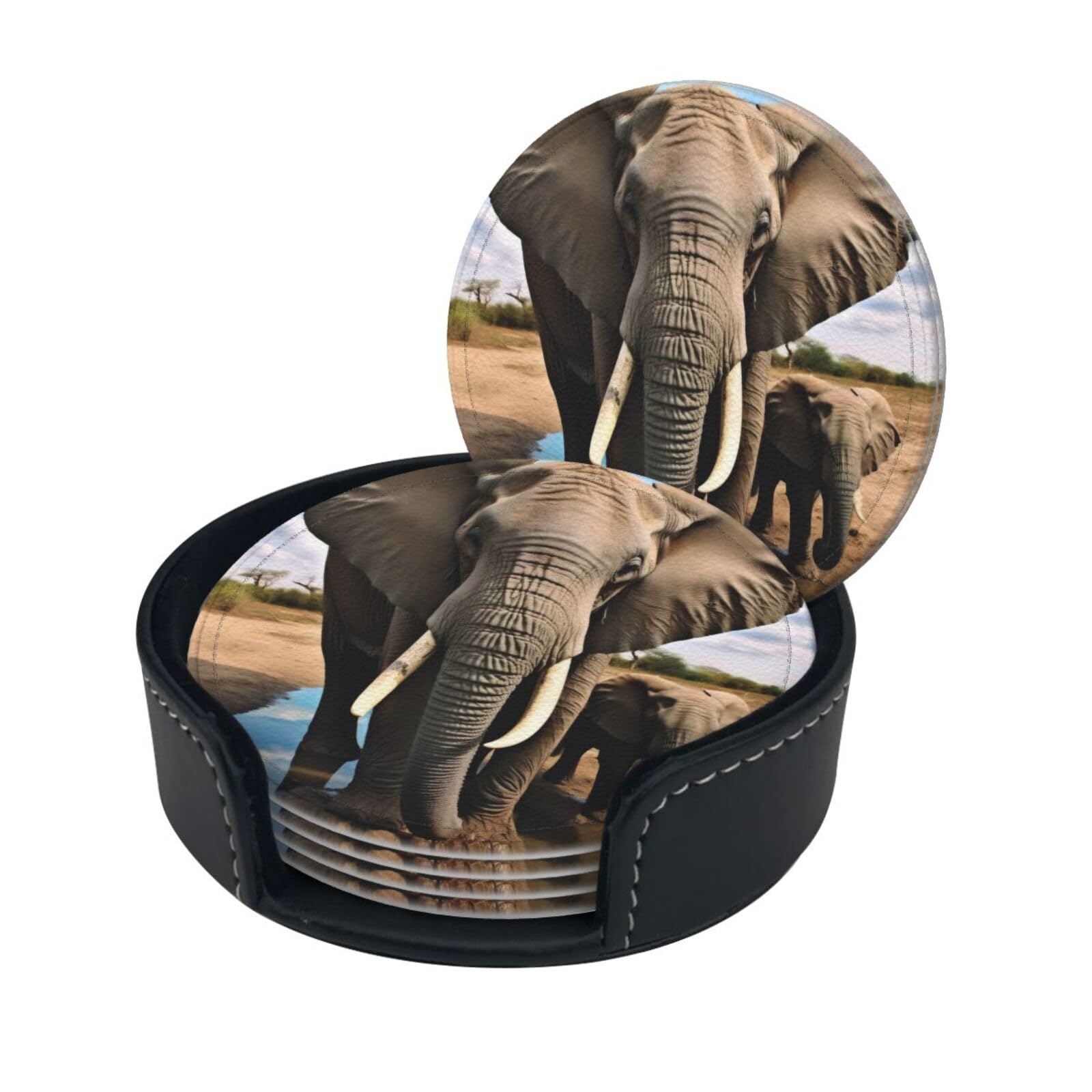 Stylish Coasters - African Wild Animals Elephant Set of 6 Round Leather Drink Coasters with Holder - Perfect Size for Cups and Glasses
