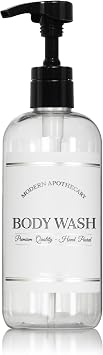 Refillable Clear PET Plastic 16 oz Body Wash Bottle with High Output Black Plastic Pump Dispenser - Chrome Accent Waterproof Labeled Bottle