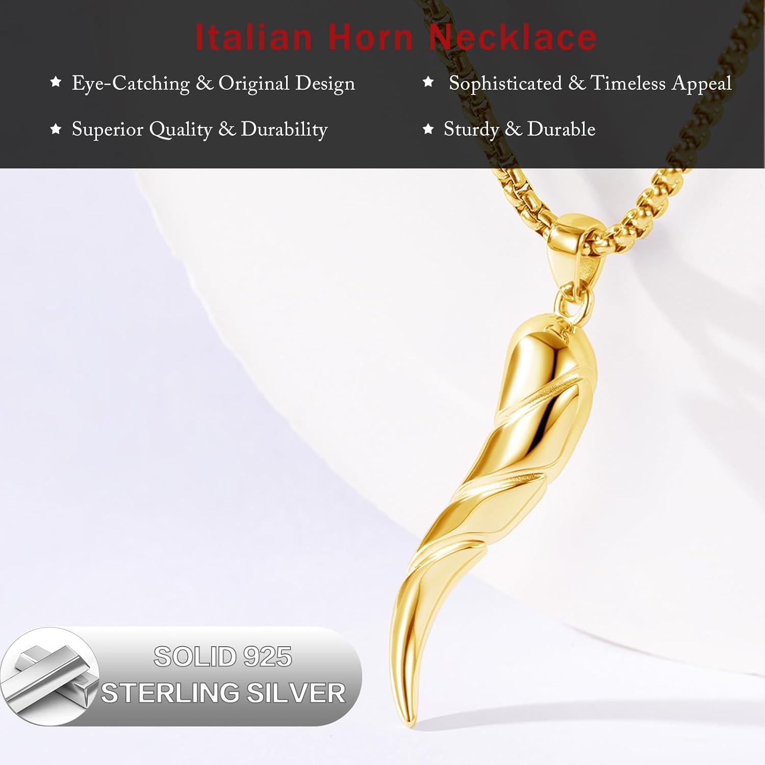 925 Sterling Silver Italian Horn Necklace Good Luck Cornicello Pendant with 22"+2" Stainless Steel Chain