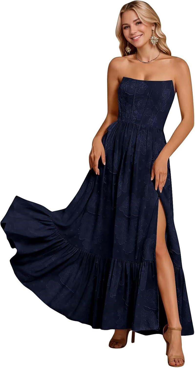 Monlity Jacquard Cocktail Dresses Midi Strapless Front Slit Prom Dress A Line Formal Evening Gowns