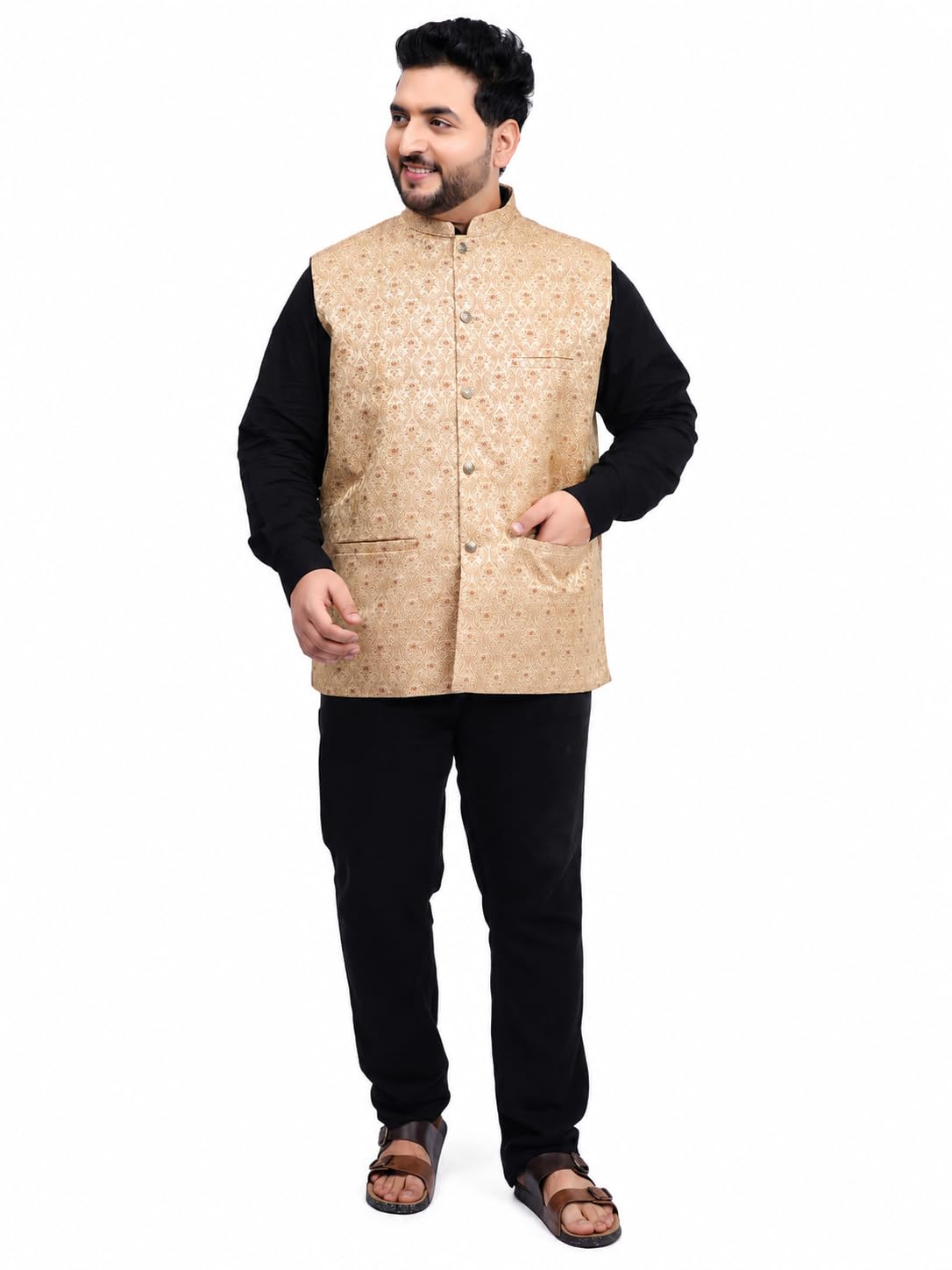 BeyondPlus Men's Plus Size Nehru Jacket Jacquard Gold-Beige-picture-17