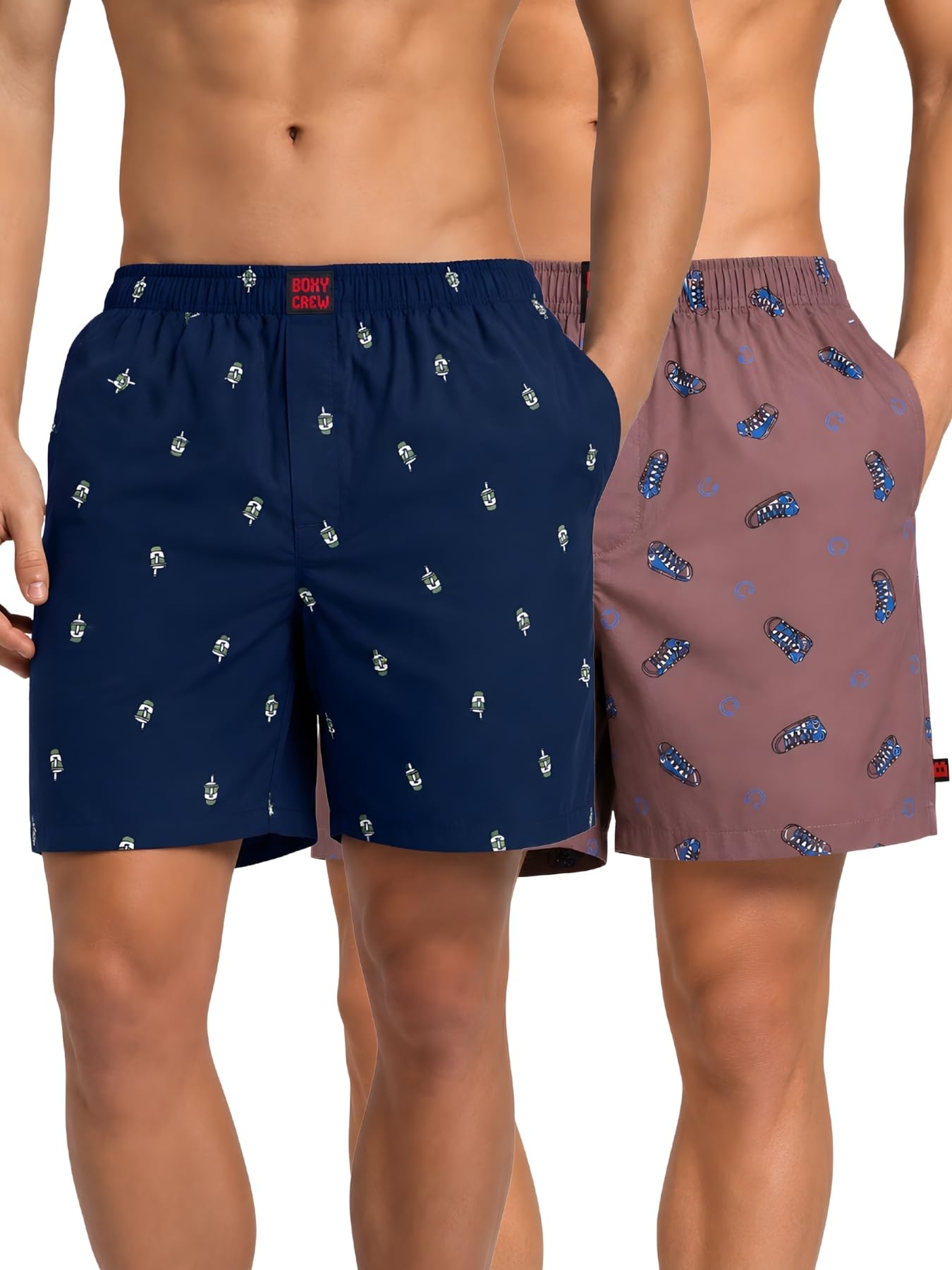 boxy crew Men Boxer Shorts Pack of 2, 100% Cotton Woven Boxers, Navy Blue & Mauve, Printed Designs, Dual Side Pockets, No-Marks Inner Elastic Waistband, Relaxed Fit Lounge & Sleep Shorts-picture-46