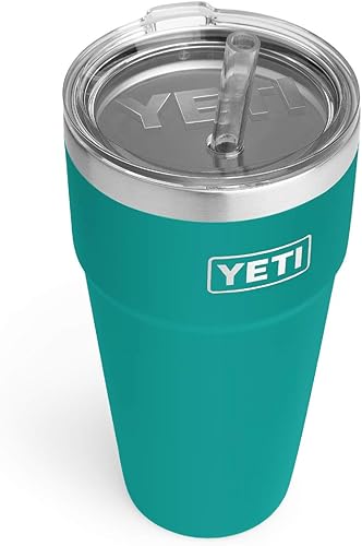 YETI Rambler - Vaso de 26 onzas, aislado al vacío, acero inoxidable con tapa y pajita, azul acuífero (Aquifer Blue)