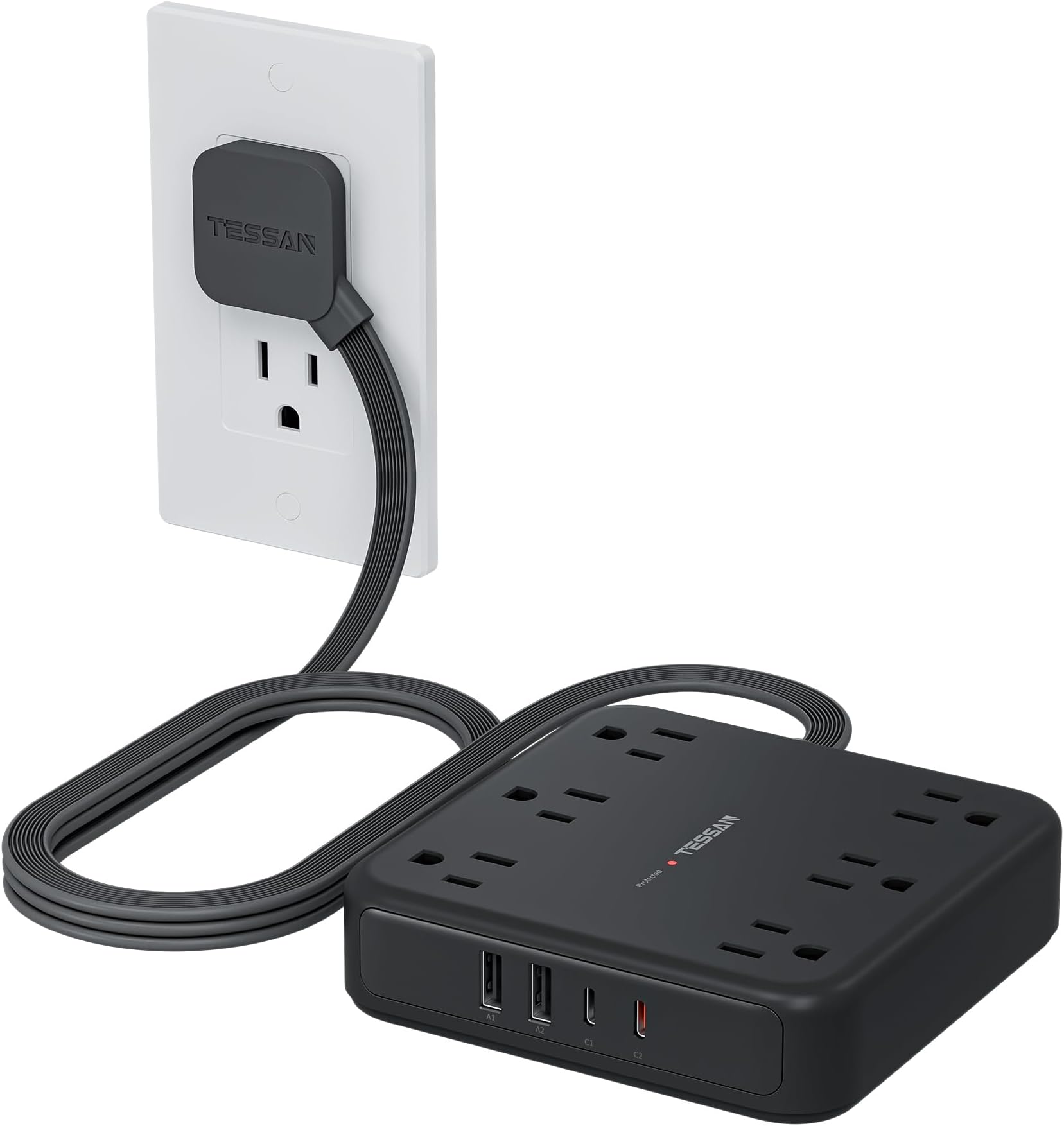 Power Strip with USB Ports, Desktop Charging Station with 3 USB 6 AC Outlet and 15A 4ft Heavy Duty Extension Cord, Overload Protection for Home and Office, 1875W/100~240V AC - Black