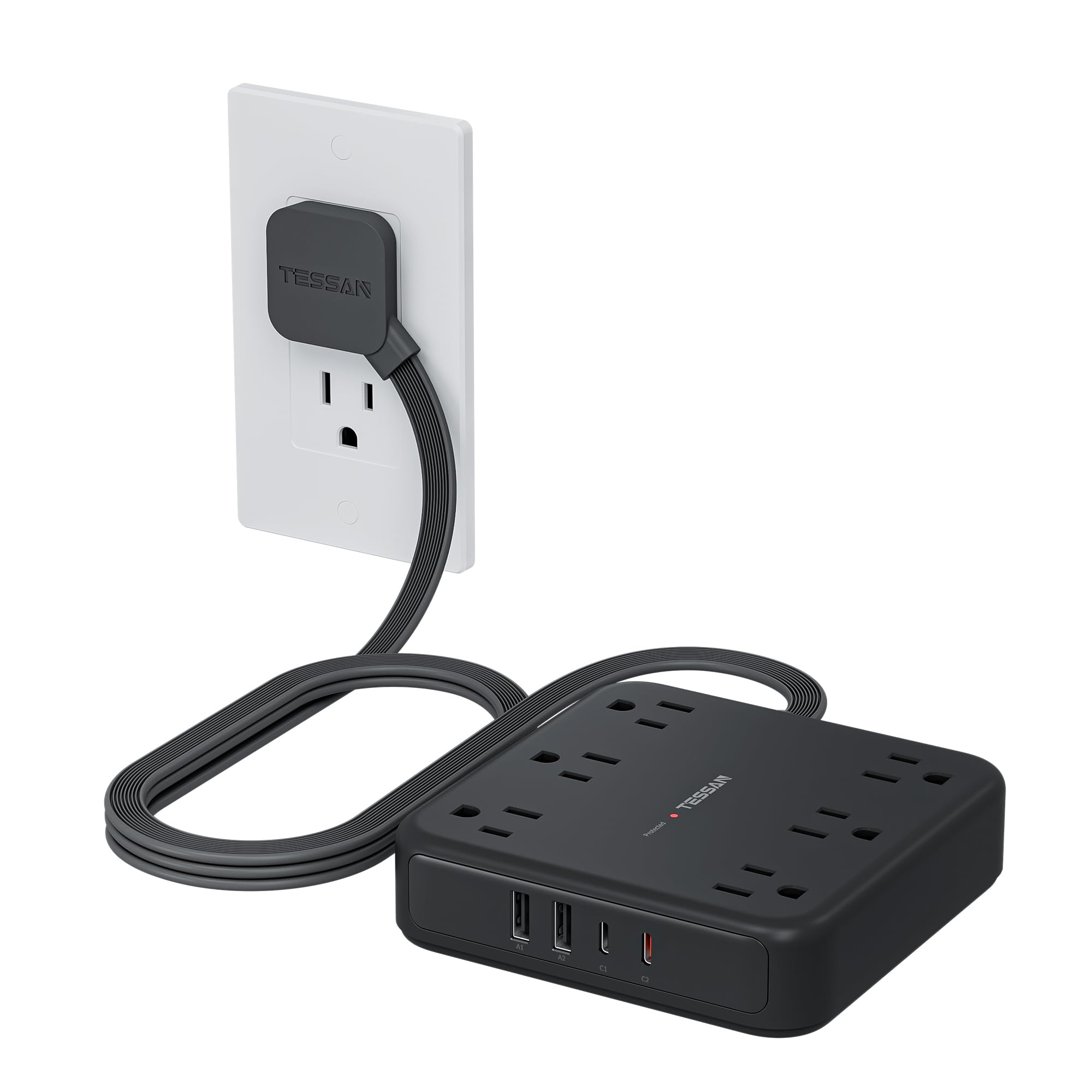 TESSAN Black Extension Cord with Fast Charger, Surge Protector Power Strip with 6 Outlets and 4 USB Ports (2 USB C), 2100 Joules Protection, Flat Plug, Multi Outlet Extender for Home, Office, Dorm