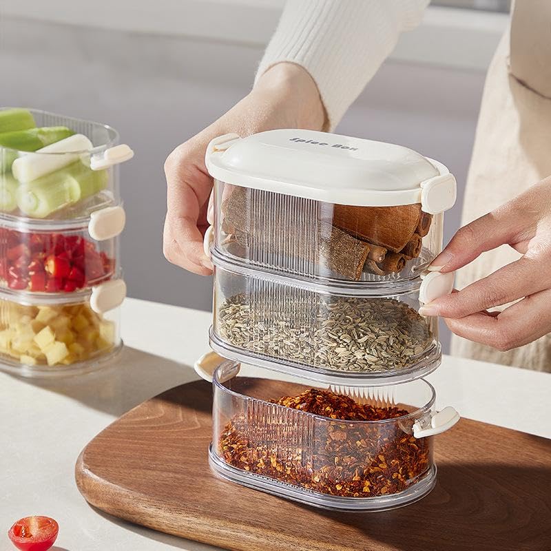 3-Layer Spice Storage Box,Airtight Stackable Seasoning Organizer with Clear Compartments for Kitchen Spices,Herbs,Condiments with Lid