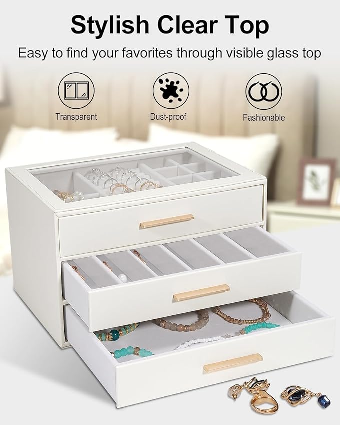Joyero Organizador con Tapa de Vidrio y 3 Cajones Blanco Cál miniatura 6