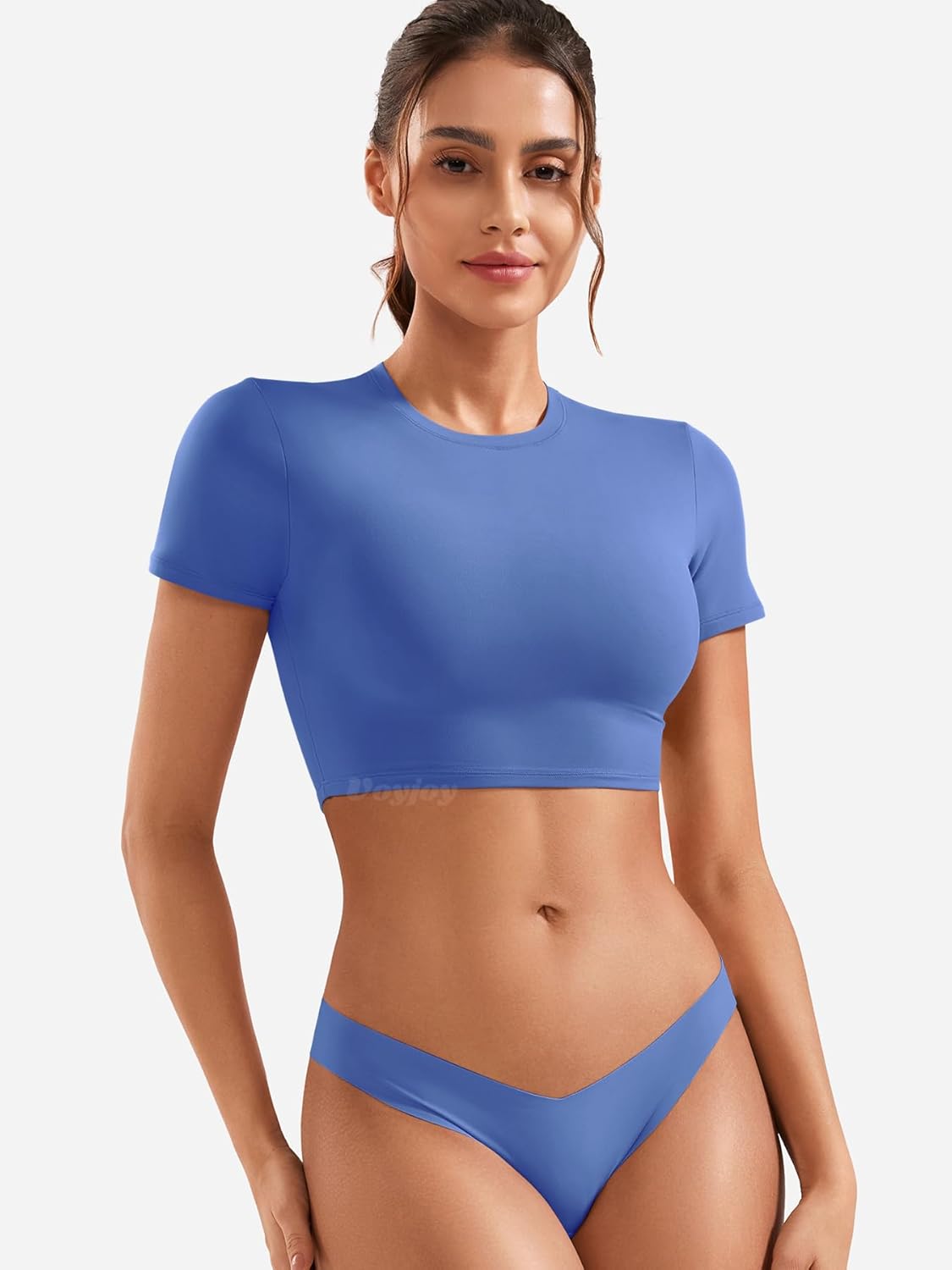 VOYJOY Womens Double Lined Fitted Short Sleeve Crop Tops Crew Neck Casual Workout T Shirts Cute Basic Tee - Image 4